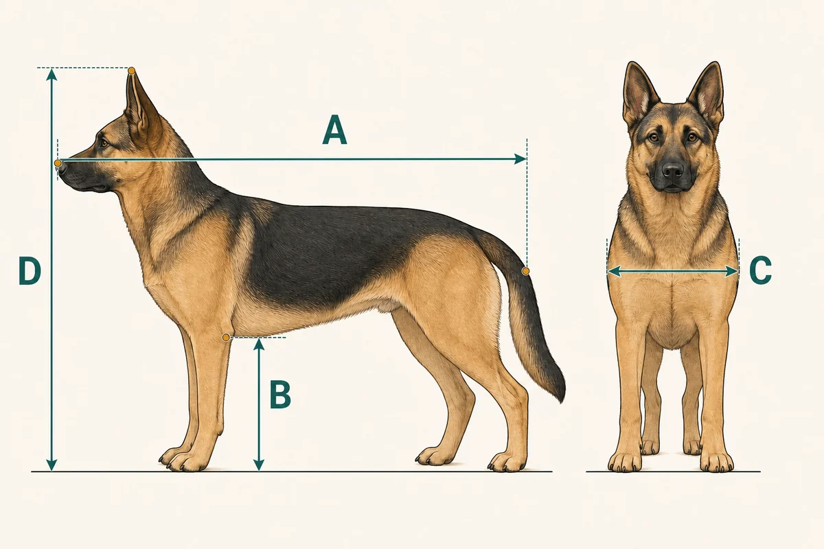 Large dog shown from the side and front with crate measurements A from nose to tail base, B from floor to elbow, C across the shoulders, and D from floor to the highest ear.