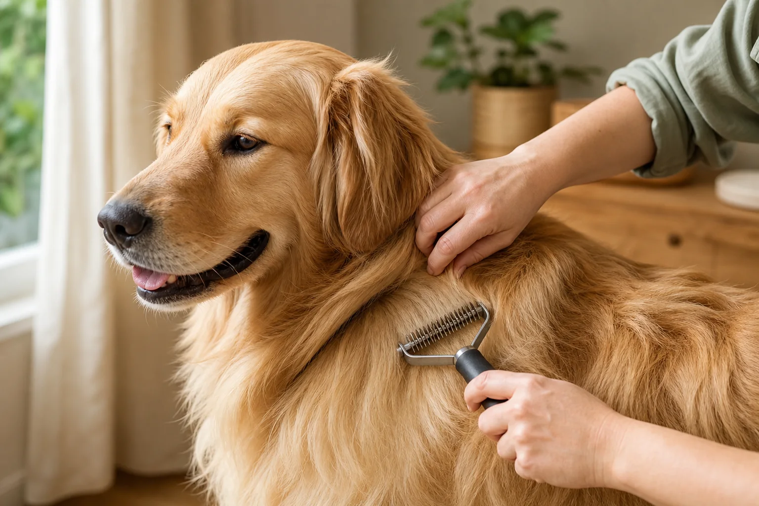 Long-haired golden retriever being gently brushed with a grooming rake at home