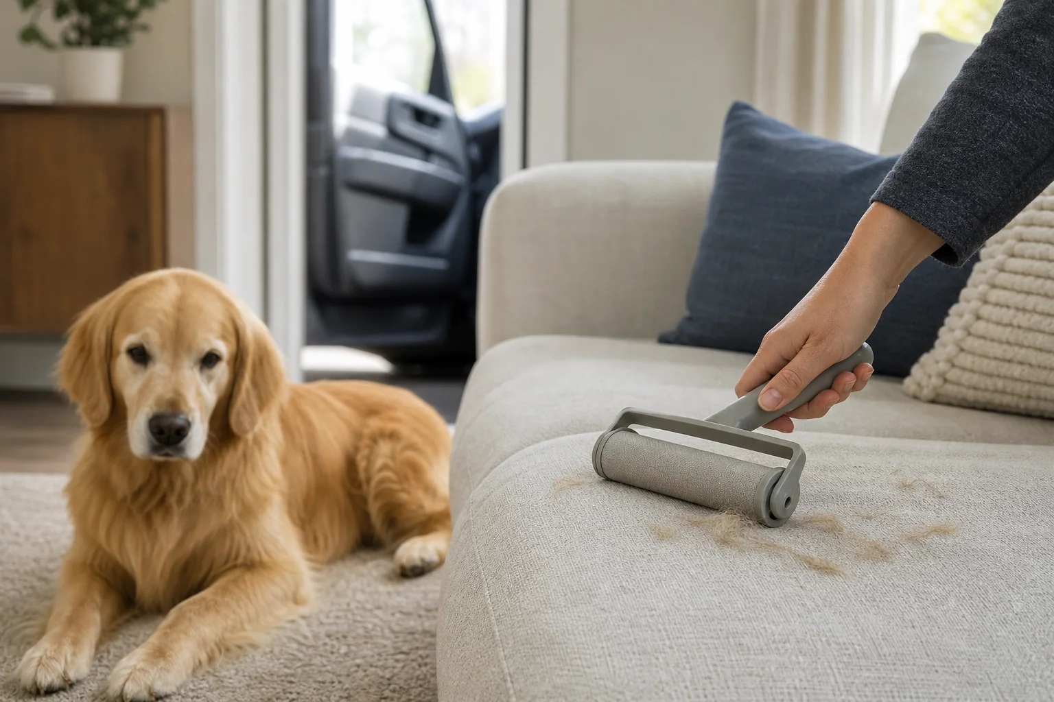 Reusable pet hair roller removing golden dog hair from a light fabric sofa