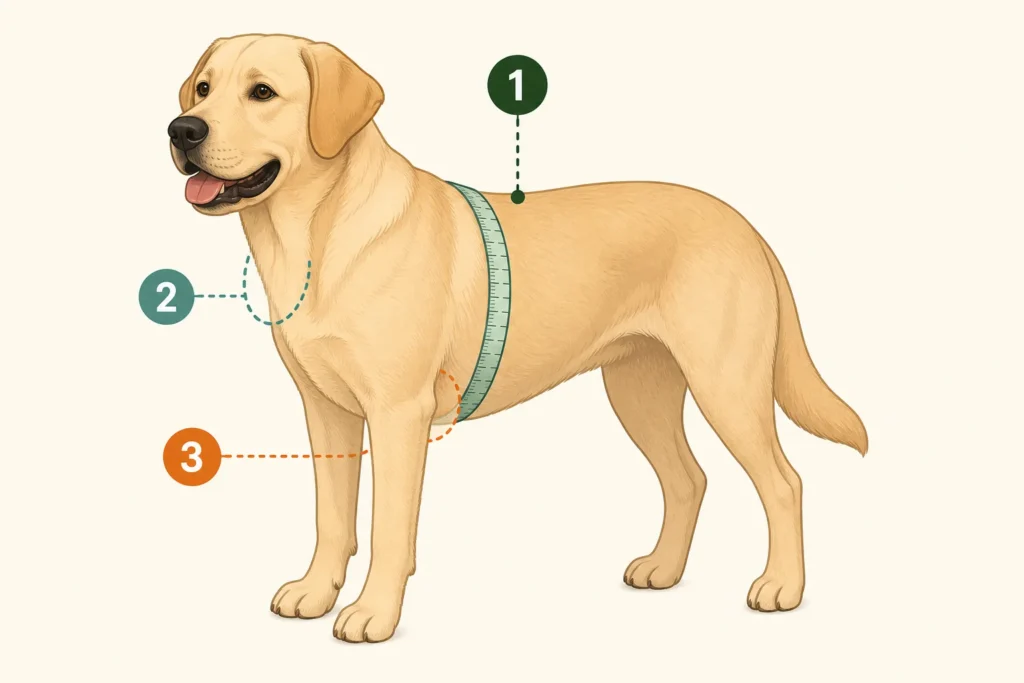 Illustrated guide to measuring a large dog’s rib cage for a harness