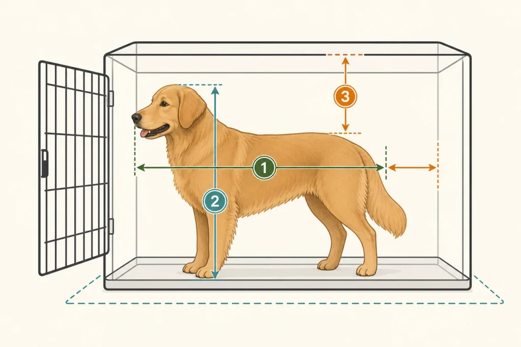 Illustrated guide to checking large dog length, height, and clearance inside a crate