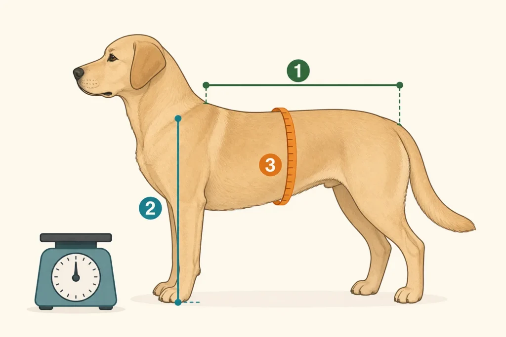 Illustrated guide to measuring a large dog’s body length, shoulder height, and chest