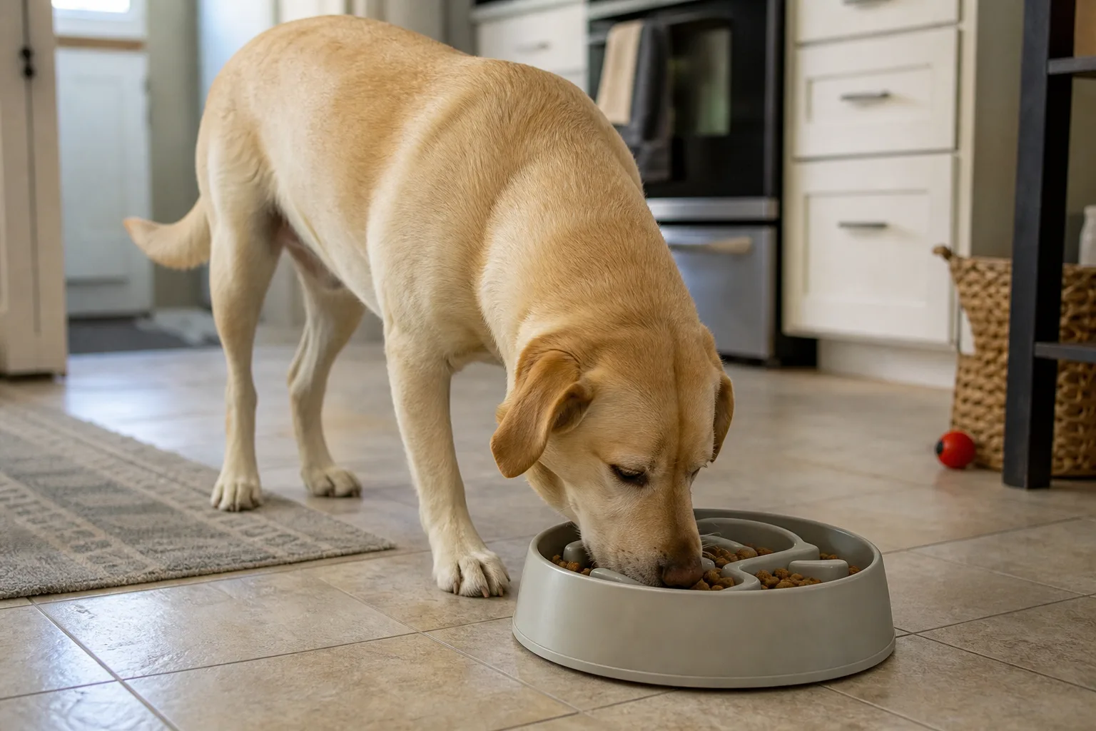 Large dog eating from a slow feeder bowl