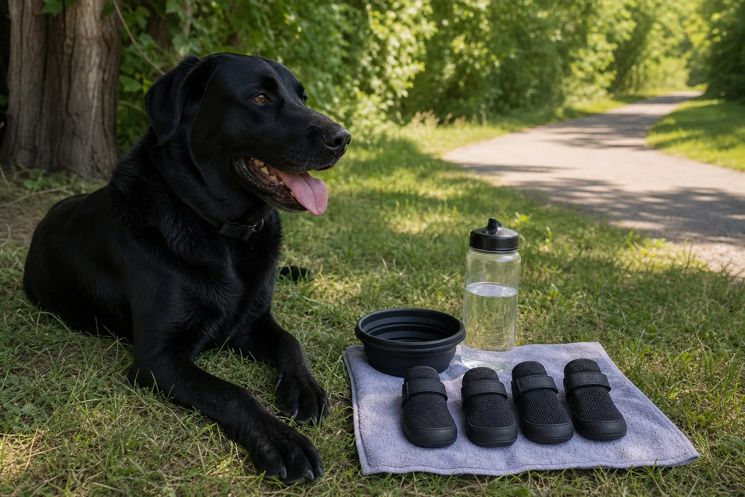 Large dog summer walking gear prepared in the shade