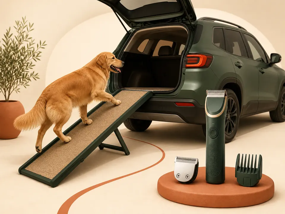 Golden retriever using a dog ramp beside grooming clippers and accessories